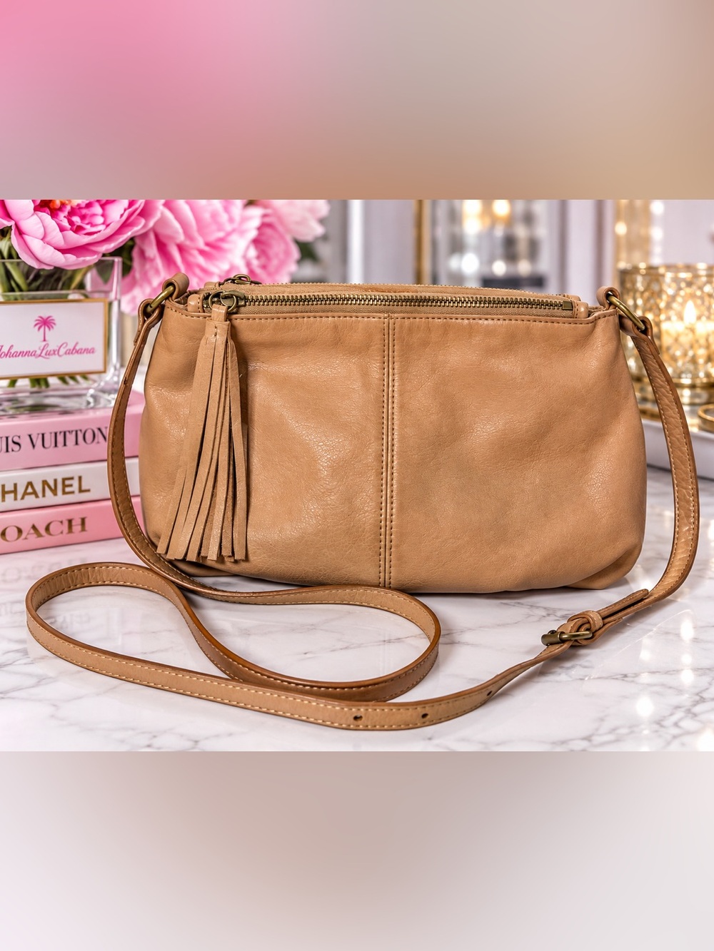 Margot genuine Tan Leather Crossbody with Tassel Accent